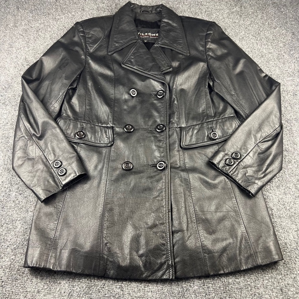 Wilsons Leather Black Double Breasted Pea Coat Jacket Womens Medium Mid Length